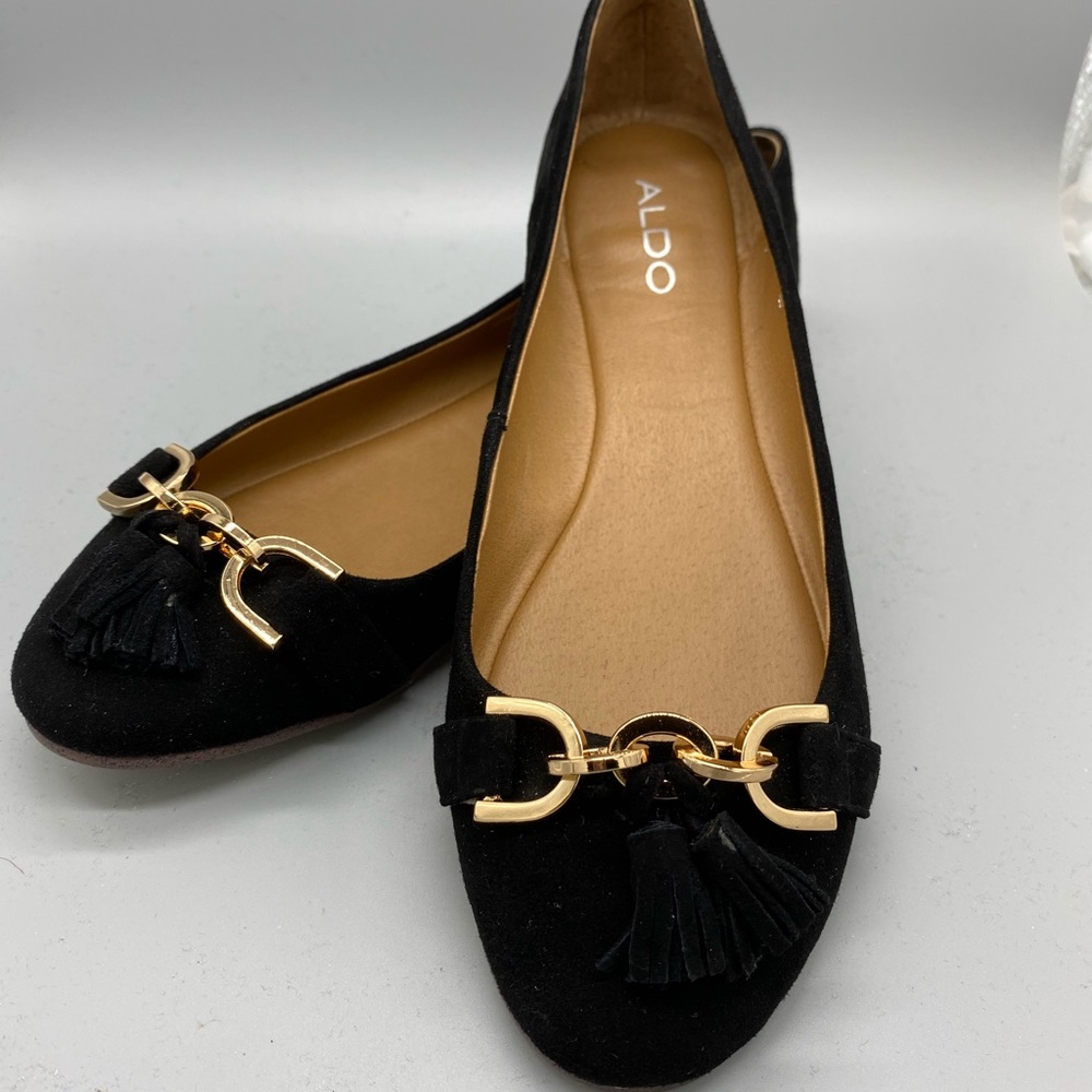 Aldo NWT Black Suede Ballet Flats Gold Trim 9M
